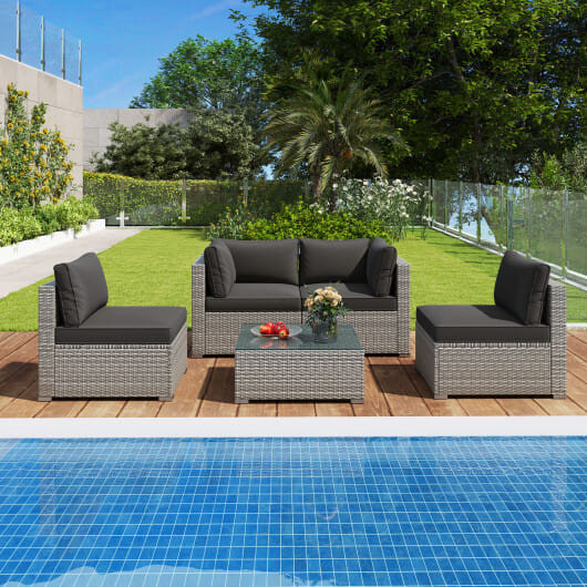 5-Piece Outdoor Patio Sectional Sofa Couch and Glass Coffee Table with Cushions-Black - Color: Black D681-HW73141DK+