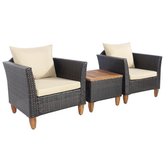 3 Pieces Patio Rattan Bistro Furniture Set with Wooden Table Top-Beige - Color: Beige D681-HW69383BN