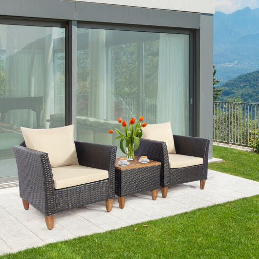 3 Pieces Patio Rattan Bistro Furniture Set with Wooden Table Top-Beige - Color: Beige D681-HW69383BN