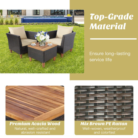 3 Pieces Patio Rattan Bistro Furniture Set with Wooden Table Top-Beige - Color: Beige D681-HW69383BN