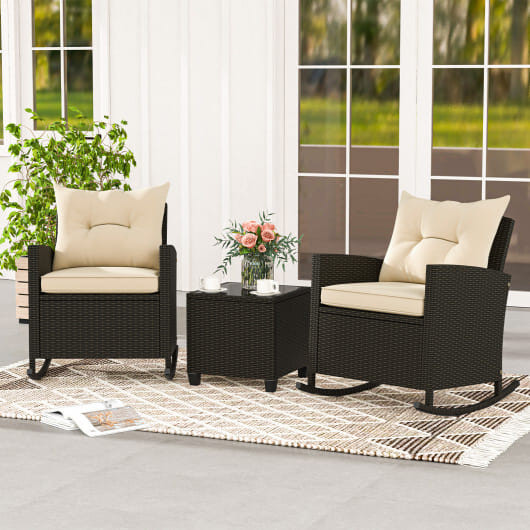 3-Piece Patio Rattan Roker Chairs with Tempered Glass Table and Soft Cushions-Beige - Color: Beige D681-HW71914BN