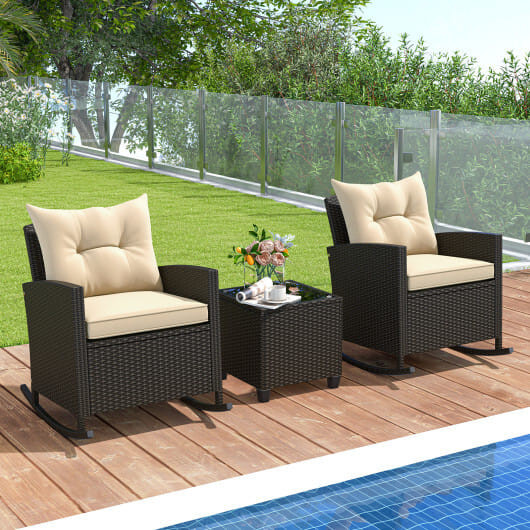 3-Piece Patio Rattan Roker Chairs with Tempered Glass Table and Soft Cushions-Beige - Color: Beige D681-HW71914BN