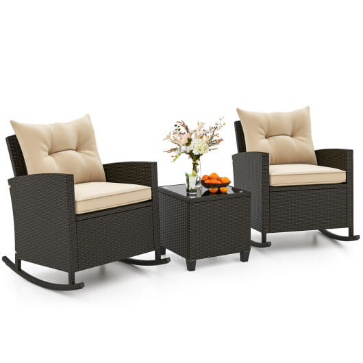 3-Piece Patio Rattan Roker Chairs with Tempered Glass Table and Soft Cushions-Beige - Color: Beige D681-HW71914BN