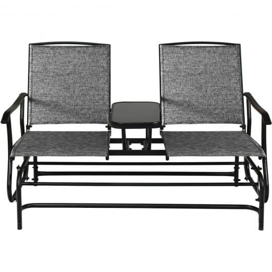 2-Person Double Rocking Loveseat with Mesh Fabric and Center Tempered Glass Table-Gray - Color: Gray D681-OP70357GR