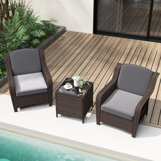 3 Pieces Outdoor Rattan Furniture Set with Cushions and Tempered Glass Coffee Table-Gray - Color: G D681-HW72184GR+