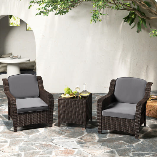 3 Pieces Outdoor Rattan Furniture Set with Cushions and Tempered Glass Coffee Table-Gray - Color: G D681-HW72184GR+