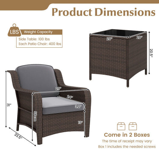 3 Pieces Outdoor Rattan Furniture Set with Cushions and Tempered Glass Coffee Table-Gray - Color: G D681-HW72184GR+