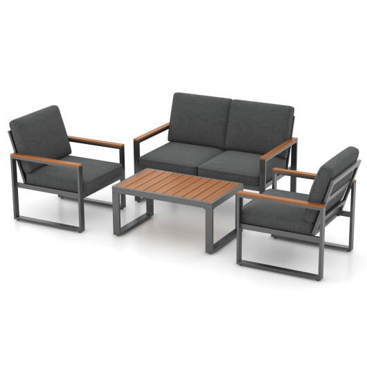 4 Piece Patio Aluminum Furniture Set with Armrests and Tabletop-Gray - Color: Gray D681-NP11997GR+