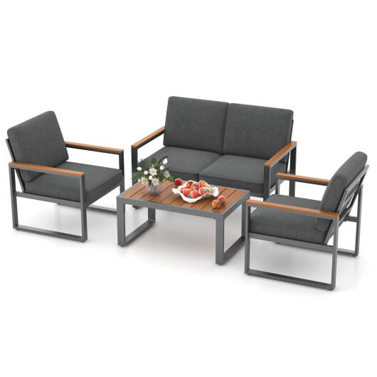 4 Piece Patio Aluminum Furniture Set with Armrests and Tabletop-Gray - Color: Gray D681-NP11997GR+