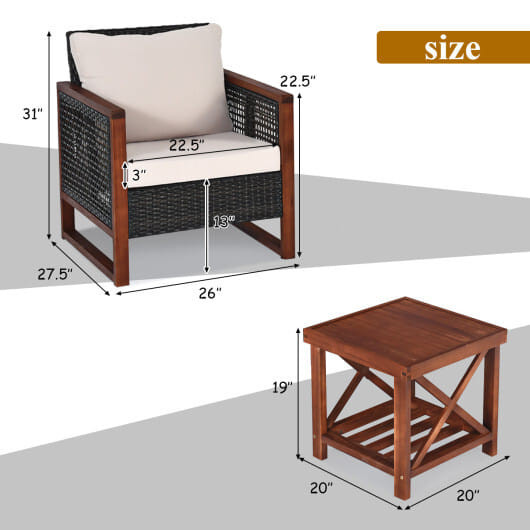 3 Pieces Patio Wicker Furniture Set with Washable Cushion and Acacia Wood Coffee Table-Beige - Colo D681-HW70703BN