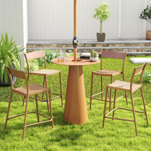 Patio Barstools Set of 4 with Rattan Seat and Metal Backrest-Light Brown - Color: Light Brown D681-NP11965BN-4