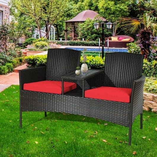 Modern Patio Conversation Set with Built-in Coffee Table and Cushions -Red - Color: Red D681-HW63233RE