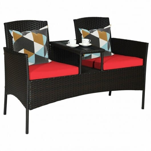 Modern Patio Conversation Set with Built-in Coffee Table and Cushions -Red - Color: Red D681-HW63233RE