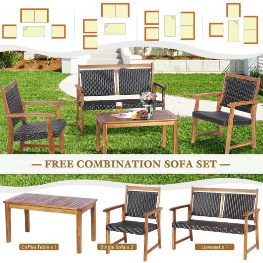4 Pieces Outdoor Patio Rattan Furniture Sofa Set with Acacia Wood Frame - Color: Brown D681-HW67677