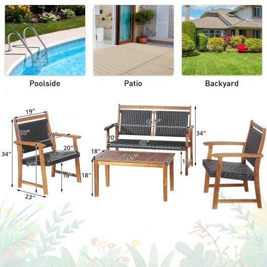 4 Pieces Outdoor Patio Rattan Furniture Sofa Set with Acacia Wood Frame - Color: Brown D681-HW67677