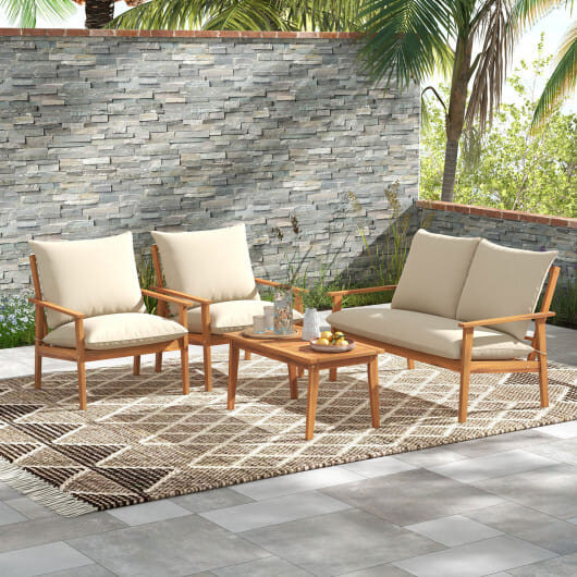 4 Pieces Outdoor Acacia Wood Conversation Set with Soft Cushions and Coffee Table-White - Color: Wh D681-HW72977WH+