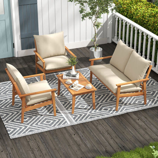 4 Pieces Outdoor Acacia Wood Conversation Set with Soft Cushions and Coffee Table-White - Color: Wh D681-HW72977WH+