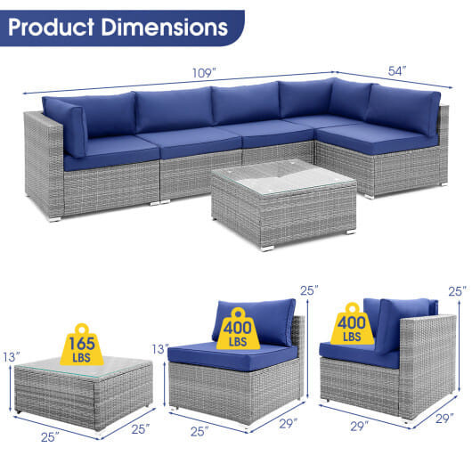 6 Piece Patio Conversation Sofa Set with Tempered Glass Coffee Table-Navy - Color: Navy D681-HW71245NY+
