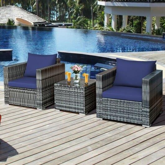 3 Pcs Patio Rattan Furniture Bistro Sofa Set with Cushioned-Navy - Color: Navy D681-HW66530NY+