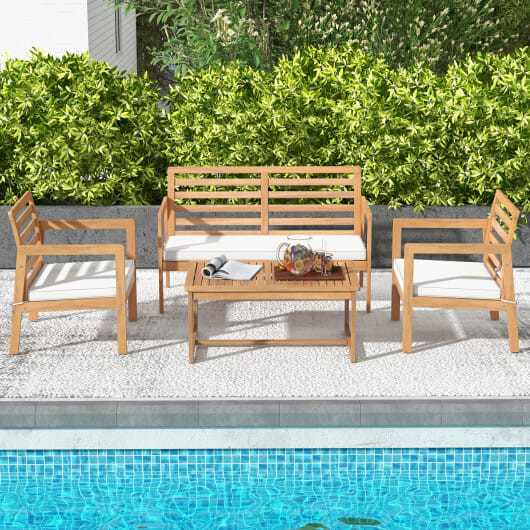 4 Piece Wood Patio Conversation Set with 2 Armchairs and Coffee Table-White - Color: White D681-HW72813WH