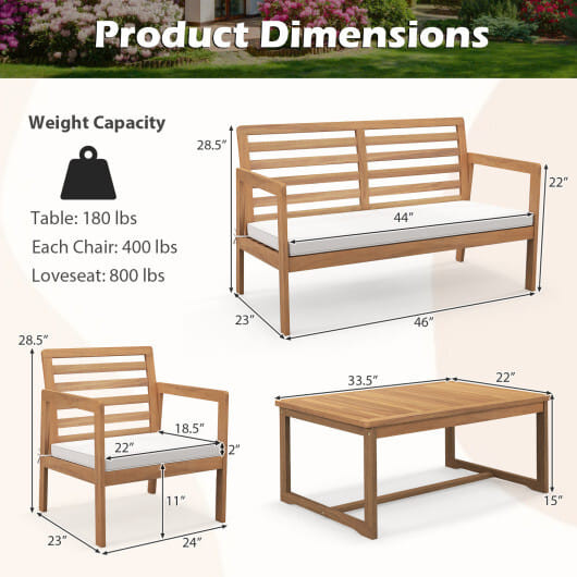 4 Piece Wood Patio Conversation Set with 2 Armchairs and Coffee Table-White - Color: White D681-HW72813WH