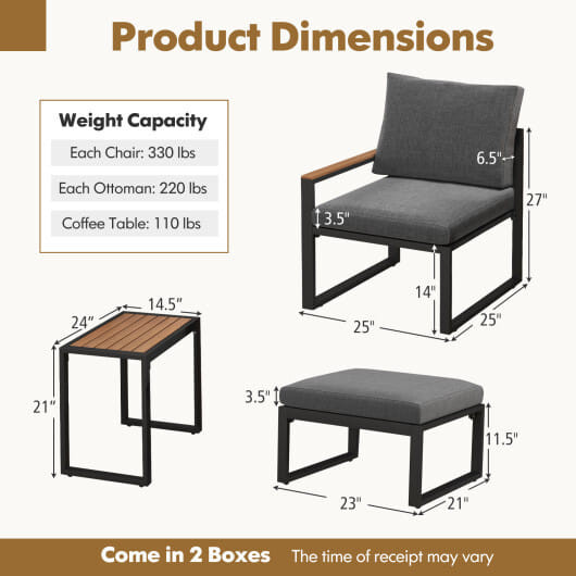 5 Pieces Aluminum Frame Weatherproof Outdoor Conversation Set with Soft Cushions-Gray - Color: Gray D681-NP11787GR+