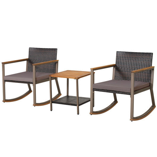 3 Pieces Rattan Rocking Bistro Set with Coffee Table and Cushions-Gray - Color: Gray D681-HW70901GR