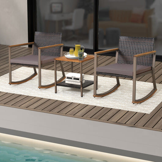 3 Pieces Rattan Rocking Bistro Set with Coffee Table and Cushions-Gray - Color: Gray D681-HW70901GR