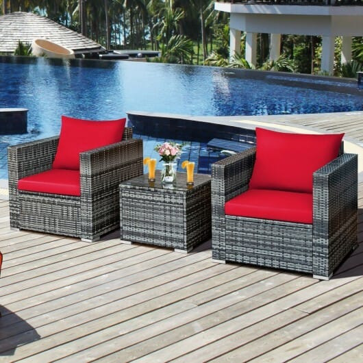 3 Pcs Patio Rattan Furniture Bistro Sofa Set with Cushioned-Red - Color: Red D681-HW66530RE+