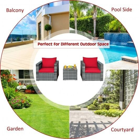 3 Pcs Patio Rattan Furniture Bistro Sofa Set with Cushioned-Red - Color: Red D681-HW66530RE+