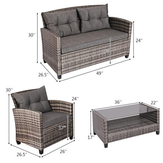 4 Pieces Patio Rattan Furniture Set Coffee Table Cushioned Sofa-Gray - Color: Gray D681-HW68647C+