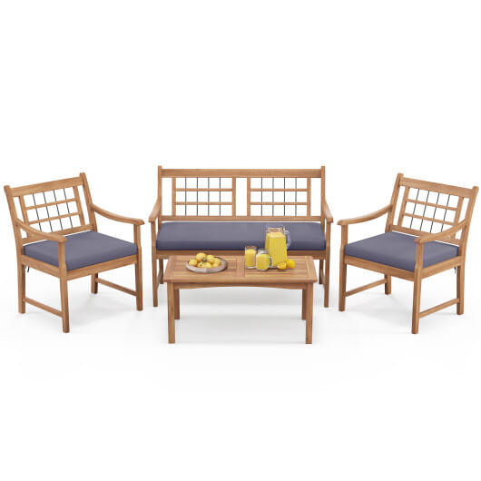 4 Piece Wood Patio Furniture with Armchairs Loveseat and Coffee Table-Gray - Color: Gray D681-HW72588GR+