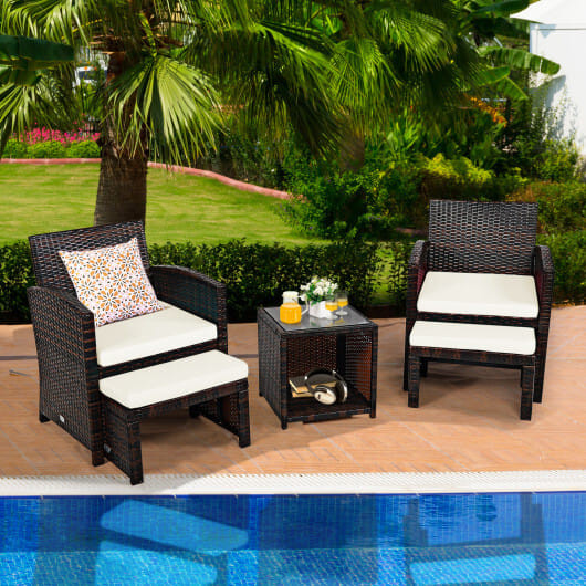 5 Pieces Patio Rattan Furniture Set with Ottoman and Tempered Glass Coffee Table-White - Color: Whi D681-HW67814WH+HW67813WH