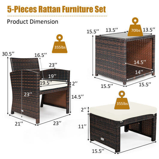 5 Pieces Patio Rattan Furniture Set with Ottoman and Tempered Glass Coffee Table-White - Color: Whi D681-HW67814WH+HW67813WH