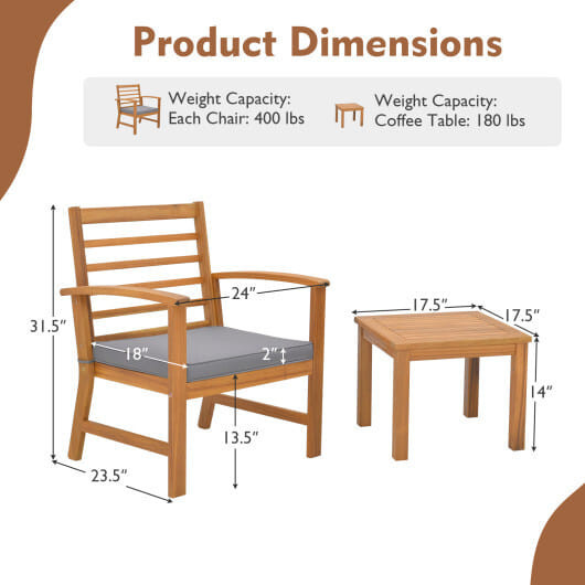 3 Pieces Outdoor Furniture Set with Soft Seat Cushions-Gray - Color: Gray D681-HW72089GR