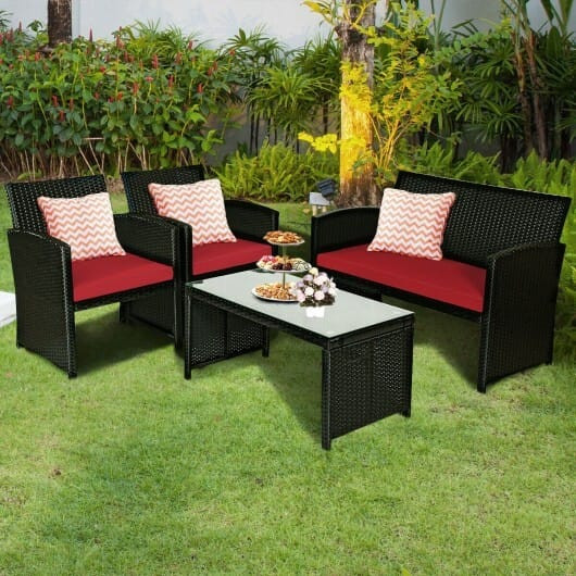 4 Pieces Rattan Patio Furniture Set with Weather Resistant Cushions and Tempered Glass Tabletop-Red D681-HW63239RE