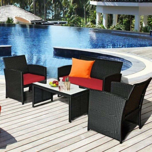 4 Pieces Rattan Patio Furniture Set with Weather Resistant Cushions and Tempered Glass Tabletop-Red D681-HW63239RE