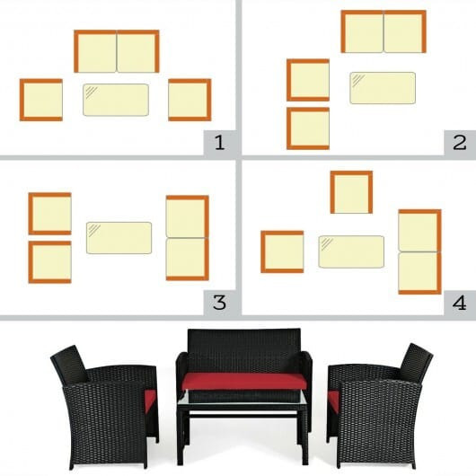 4 Pieces Rattan Patio Furniture Set with Weather Resistant Cushions and Tempered Glass Tabletop-Red D681-HW63239RE