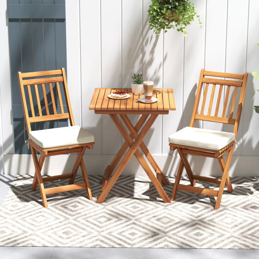 Outdoor Wood Bistro Set with Soft Seat Cushions and Table-White - Color: White D681-HW73122WH