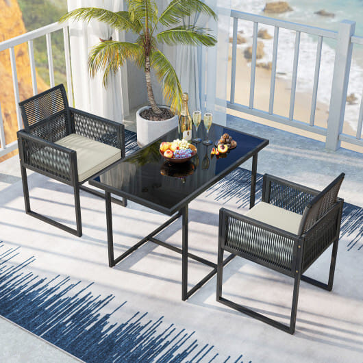 3 Pieces Patio Tempered Glass Top Table and Chairs Set for Porch Backyard-White - Color: White D681-HW71655WH