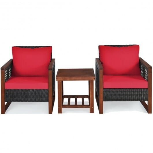 3 Pieces Acacia Wood Patio Furniture Set with Coffee Table-Red - Color: Red D681-HW65227RE