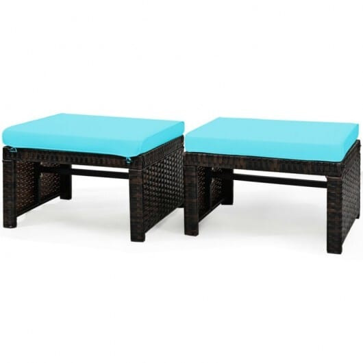2 Pieces Patio Rattan Ottomans with Soft Cushion for Patio and Garden-Turquoise - Color: Turquoise D681-HW67814TU