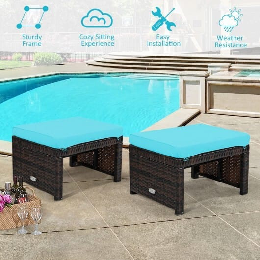 2 Pieces Patio Rattan Ottomans with Soft Cushion for Patio and Garden-Turquoise - Color: Turquoise D681-HW67814TU