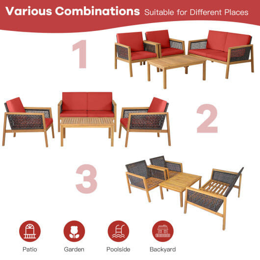 4 Pieces Patio Rattan Furniture Set with Removable Cushions-Red - Color: Red D681-HW69144RE+