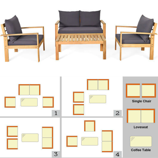 Outdoor 4 Pieces Acacia Wood Chat Set with Water Resistant Cushions-Gray - Color: Gray D681-HW69256GR+