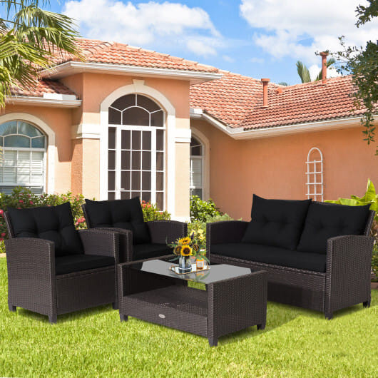 4 Pieces Patio Rattan Furniture Set with Tempered Glass Coffee Table-Black - Color: Black D681-HW66742BK+