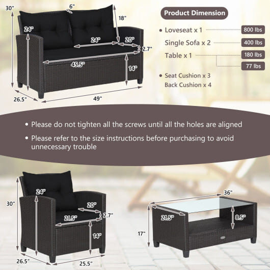 4 Pieces Patio Rattan Furniture Set with Tempered Glass Coffee Table-Black - Color: Black D681-HW66742BK+