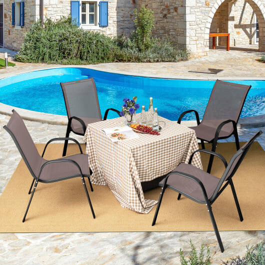 4 Pieces Stackable Patio Dining Chairs Set with Armrest-Brown - Color: Brown D681-NP10473BN-4