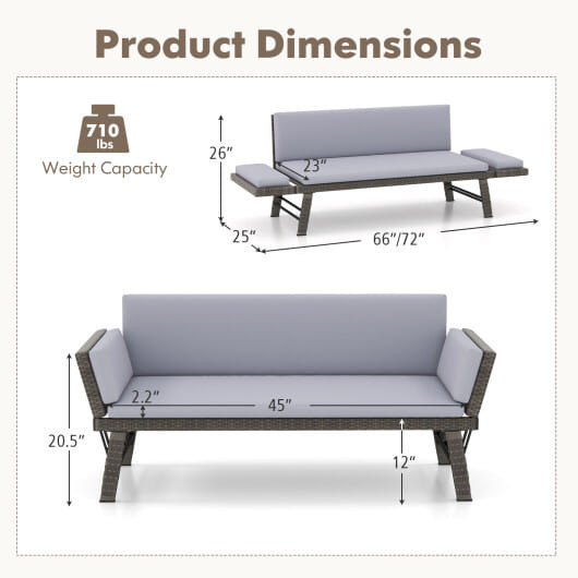 Outdoor Convertible Sofa Daybed with Adjustable Armrests for Balcony-Gray - Color: Gray D681-HW72355GR