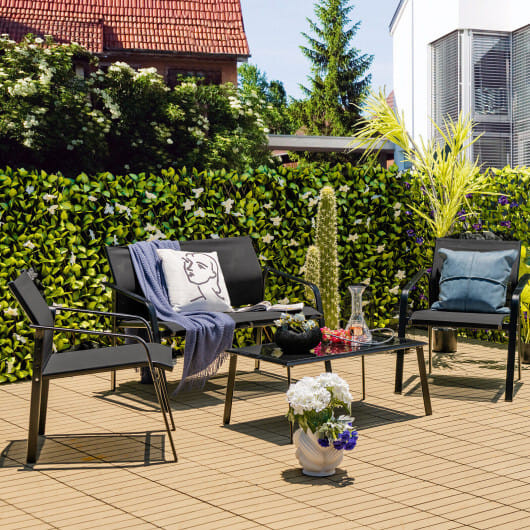 4 Pieces Patio Furniture Set with Armrest Loveseat Sofas and Glass Table Deck-Black - Color: Black D681-NP10474DK
